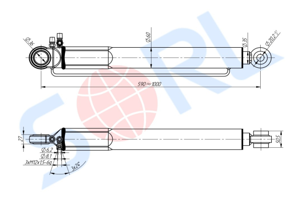 Гидроцилиндр подъема кабины короткий L-590 HOWO A7 (WG9925823014) SORL