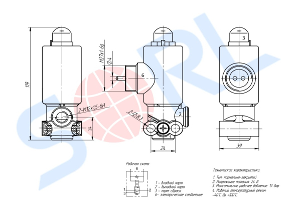 Клапан электромагнитный 3/2 ходовой, М27х1 DAF, IVECO, MB, RENAULT, SCANIA (4721726000) SORL